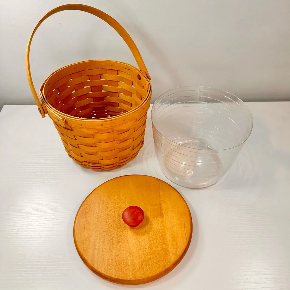 Longaberger Round Basket with Handle and Wooden Lid, Red Knob